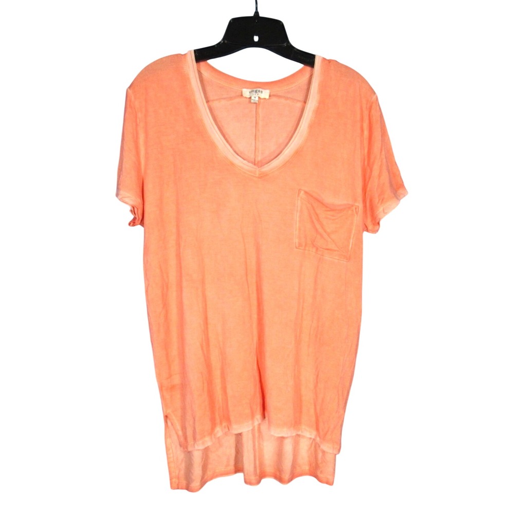 UMGEE Orange ACID WASH Soft Knit LAYERED TRIM High-Low POCKET Blouse/Top Sz M